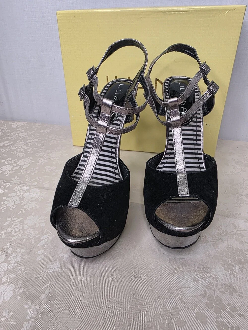 Liliana Black Faux Suede Metallic Silver T-Strap Platform Stiletto Heels 7.5